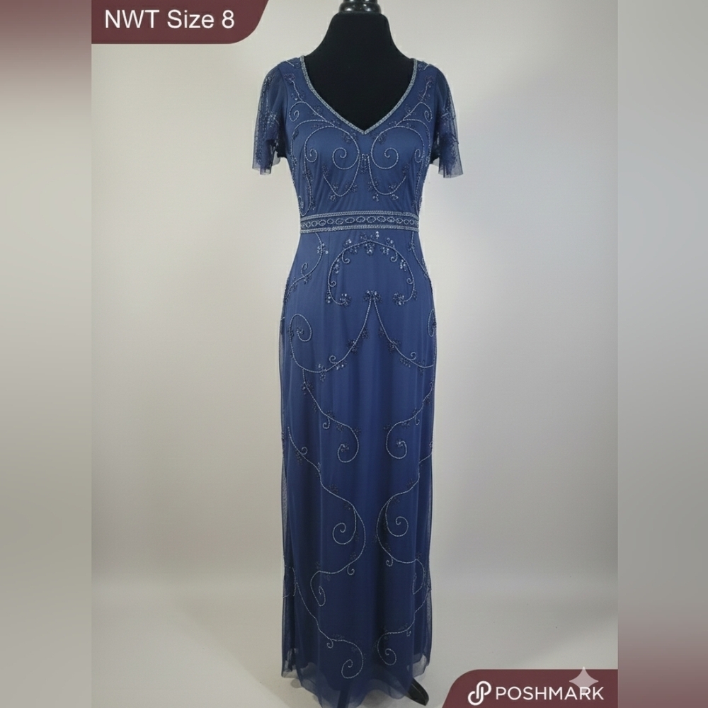 Papell Boutique Blue Beaded Flutter Sleeve Gown Maxi Dress NWT Size 8